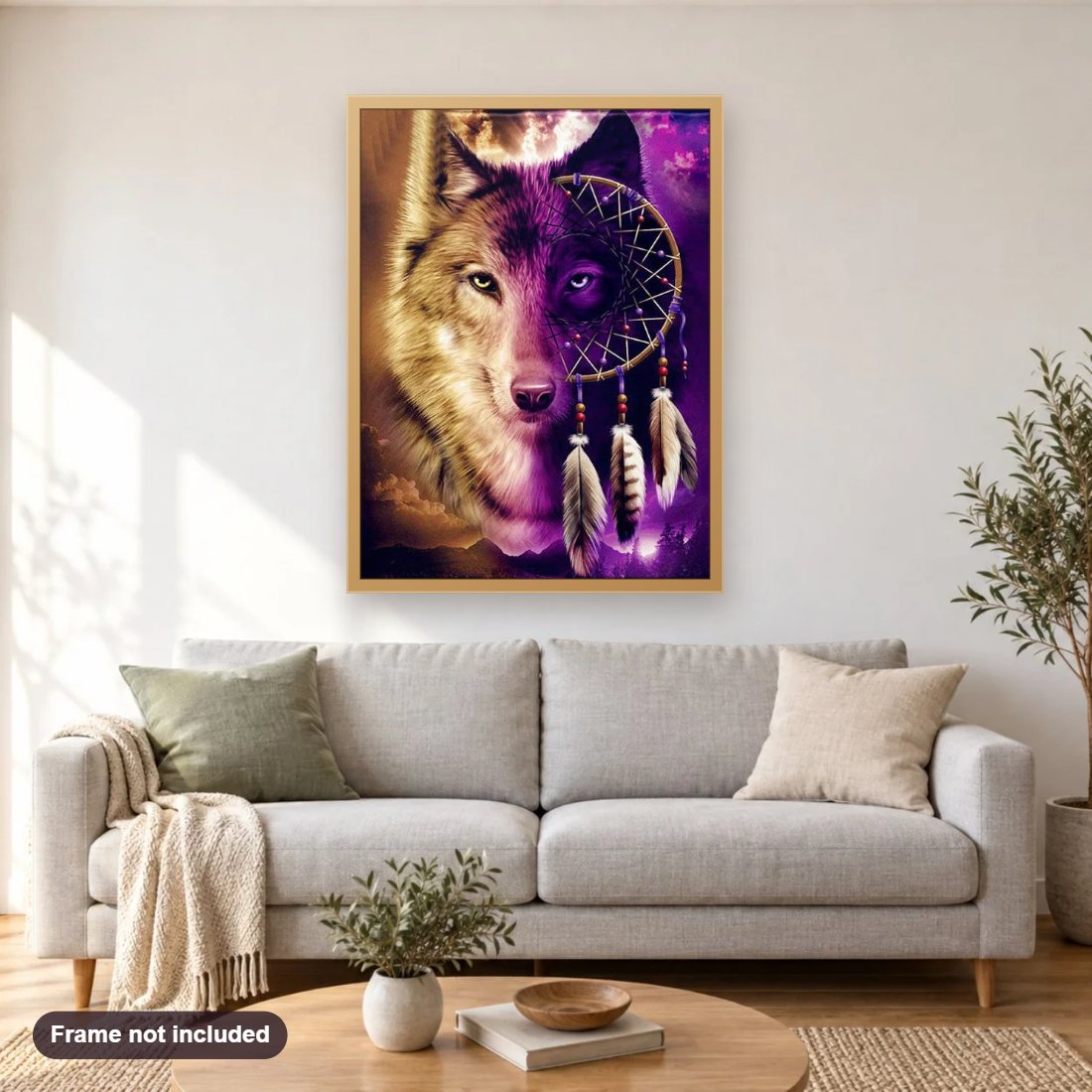 Wolf Dream Catcher diamond painting shown framed on a living room wall above a sofa