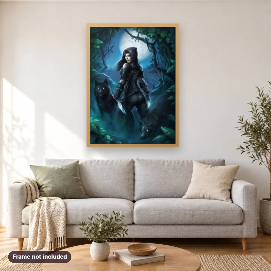 Wolf Girl diamond painting shown framed on a living room wall above a sofa