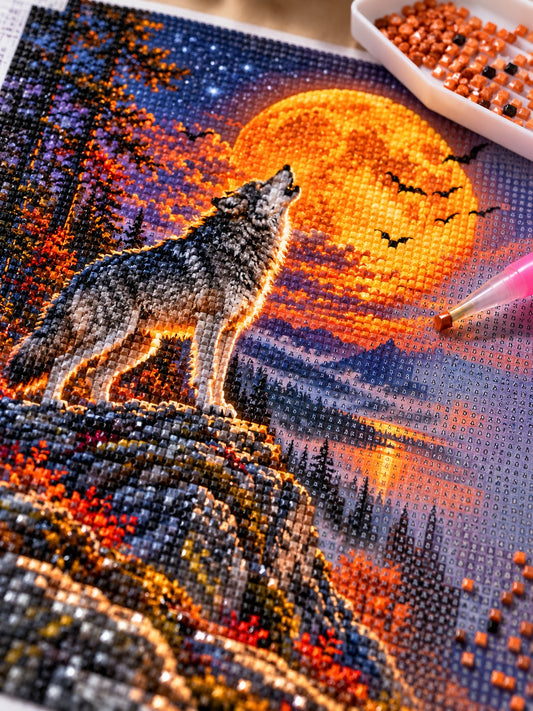 Close-up of the wolf howling at the orange Halloween moon diamond painting in progress, square resin drills, wax pen and drill tray