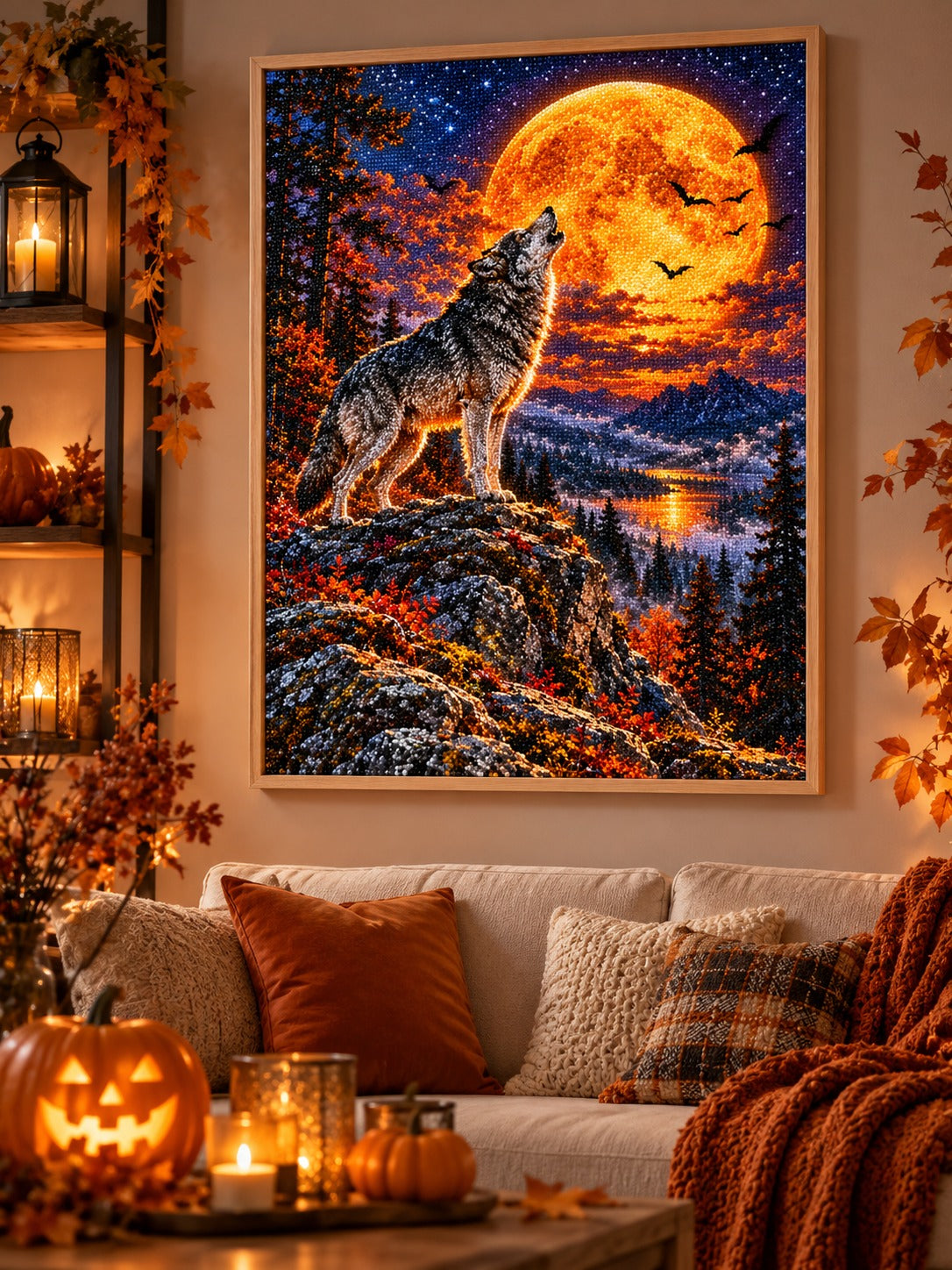 Finished wolf howling at the orange Halloween moon diamond painting in a light oak frame hanging in a cozy living room decorated for autumn and Halloween