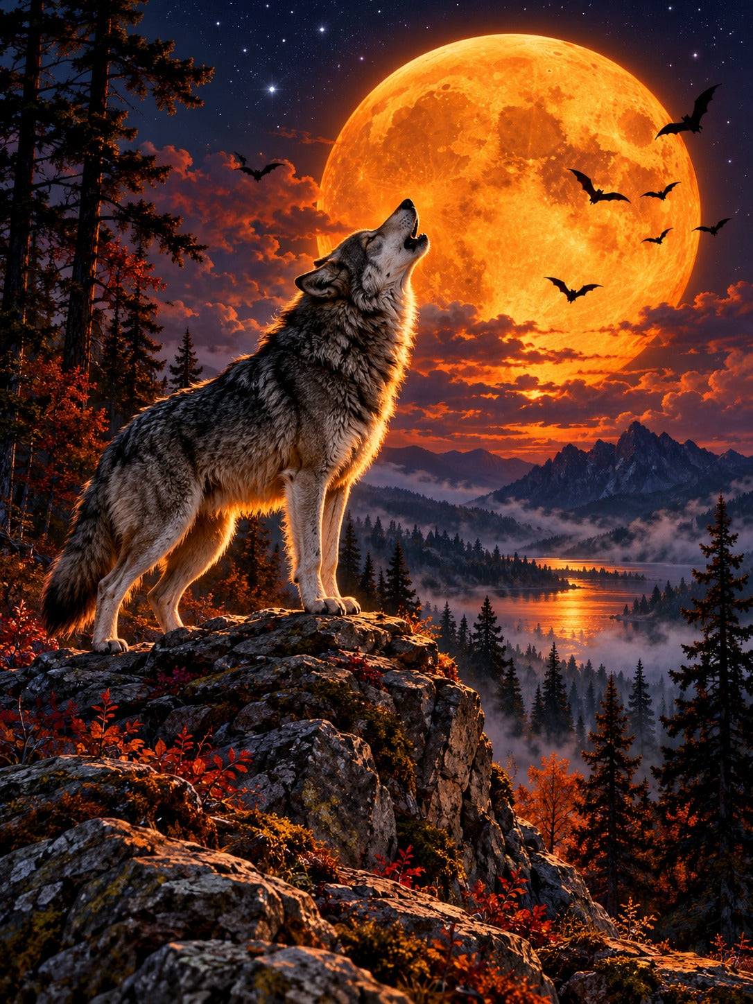 Wolf howling at the orange Halloween moon, Halloween diamond painting kit by All Diamond Painting