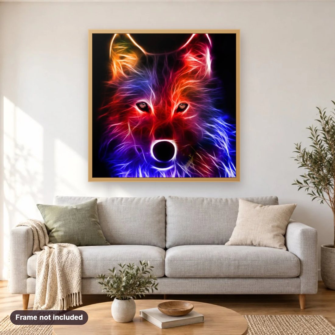 Wolf Spirit Art diamond painting shown framed on a living room wall above a sofa