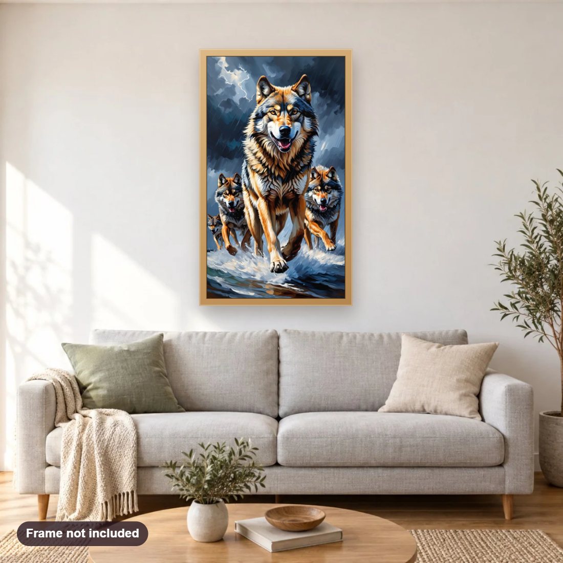 Wolves in Full Sprint Through Water diamond painting shown framed on a living room wall above a sofa