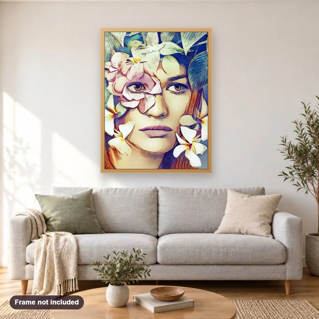 Woman Floral Art diamond painting shown framed on a living room wall above a sofa