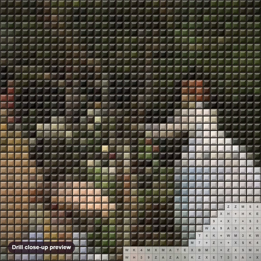 Close-up preview of the Women in the Garden diamond painting with square 5D drills and printed canvas symbols