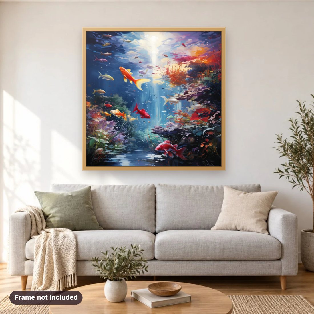 Wonderful Ocean Creatures diamond painting shown framed on a living room wall above a sofa