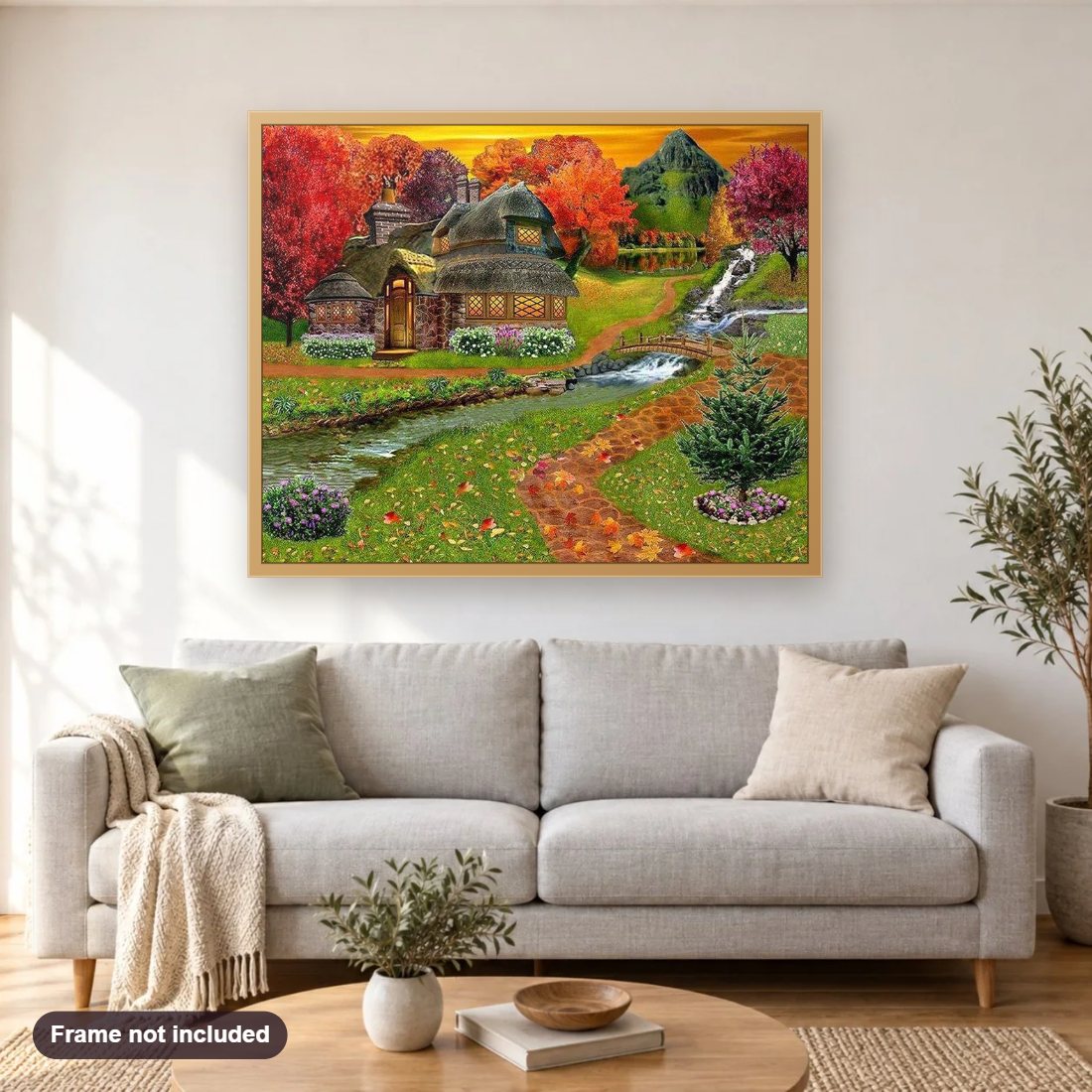 Wonderland Scenery diamond painting shown framed on a living room wall above a sofa