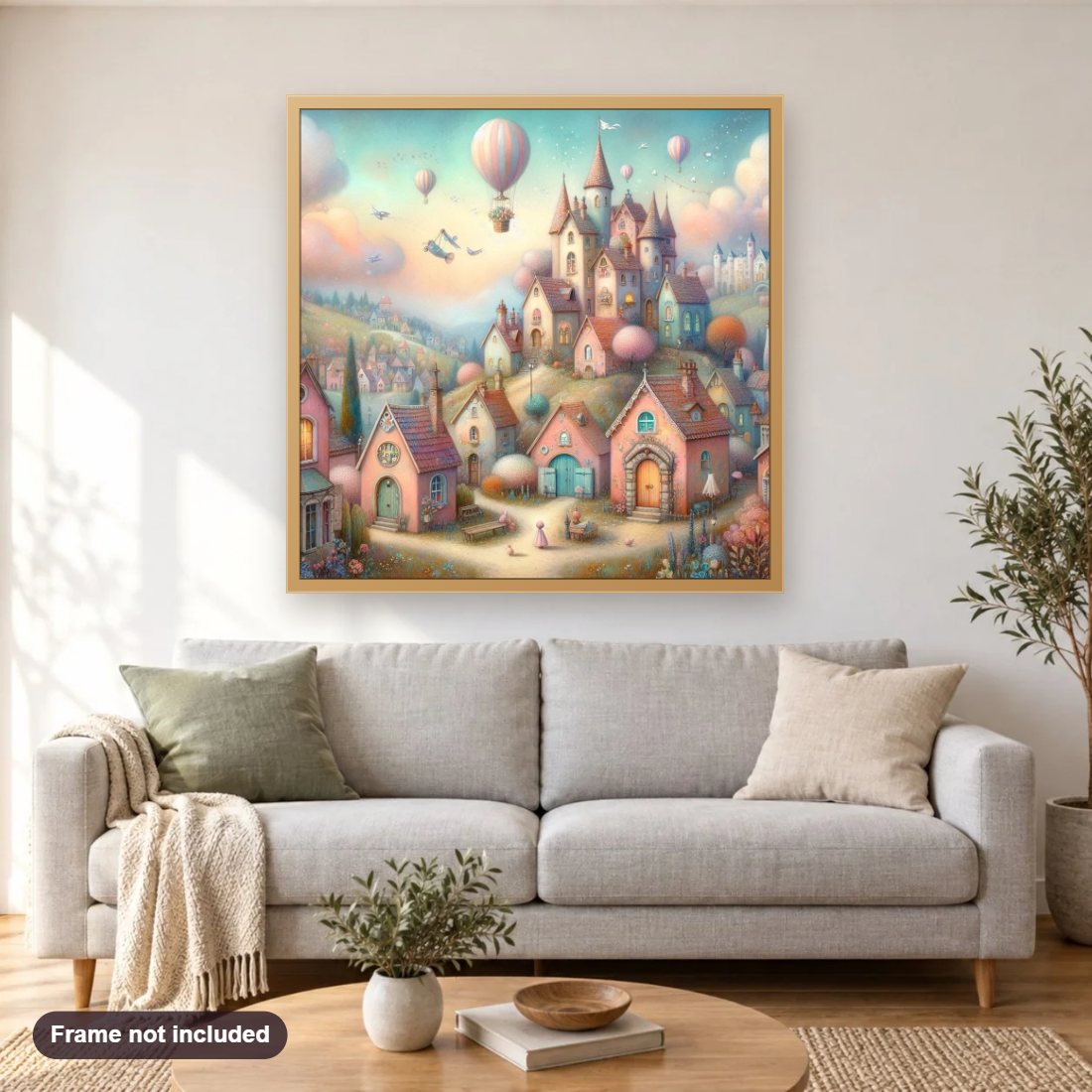 Wonders of a Whimsical Village diamond painting shown framed on a living room wall above a sofa