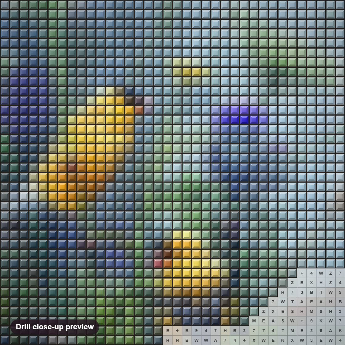 Close-up preview of the Yellow Birdies diamond painting with square 5D drills and printed canvas symbols