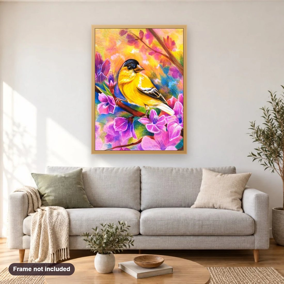 Yellow Birds in Flowers diamond painting shown framed on a living room wall above a sofa