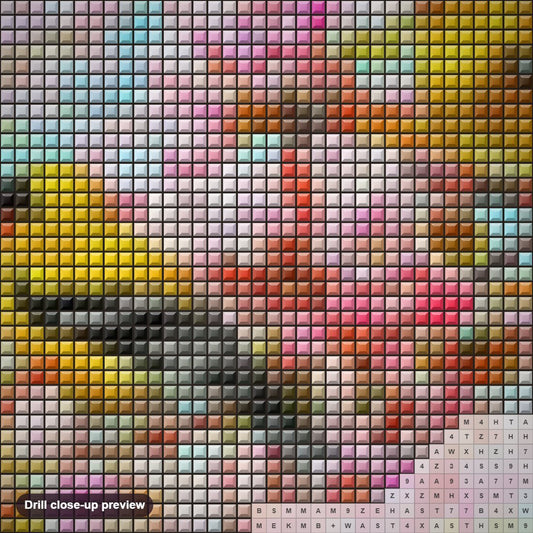 Close-up preview of the Yellow Birds & Pink Blossoms diamond painting with square 5D drills and printed canvas symbols