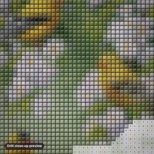 Close-up preview of the Yellow Birds & White Flowers diamond painting with square 5D drills and printed canvas symbols