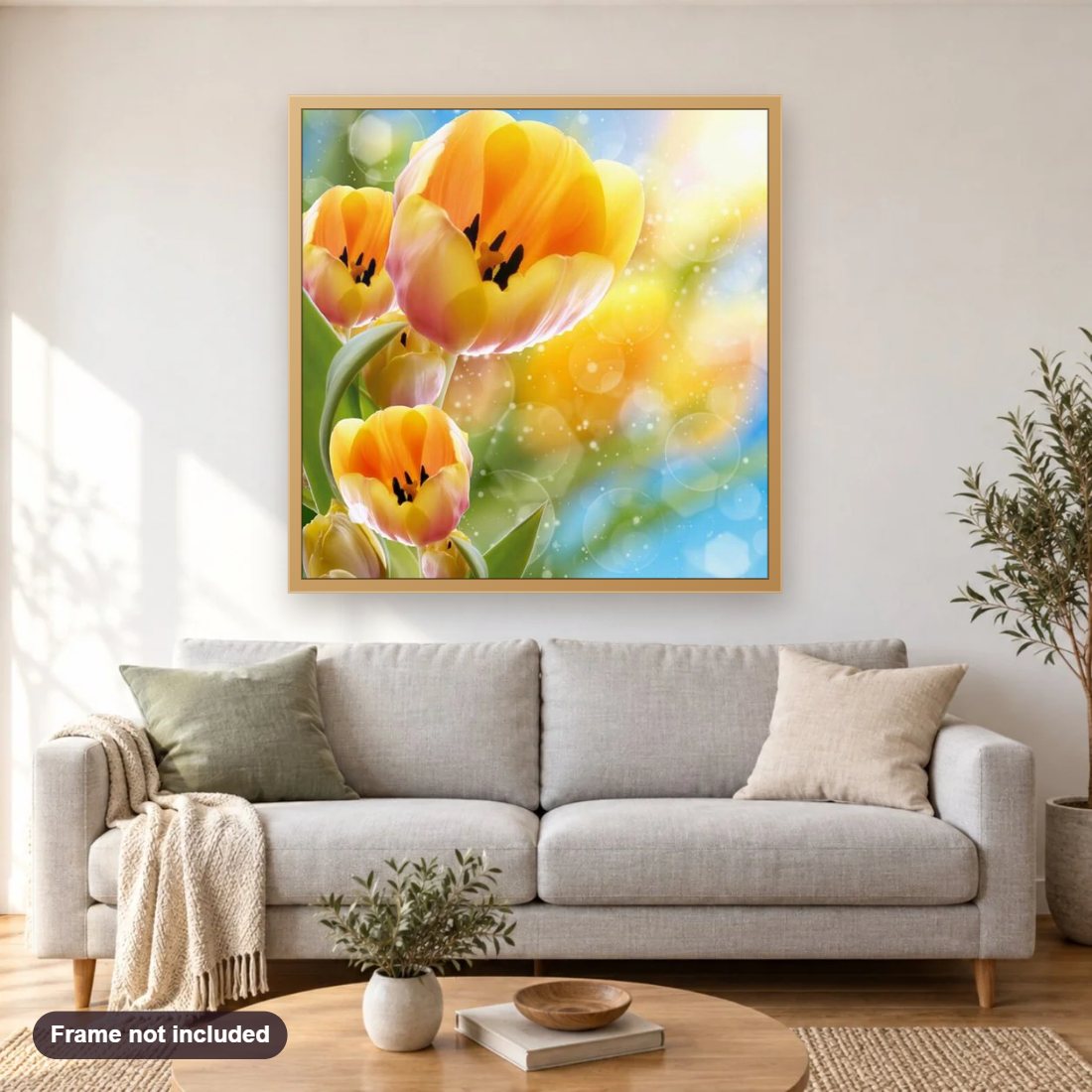 Yellow Flowers diamond painting shown framed on a living room wall above a sofa