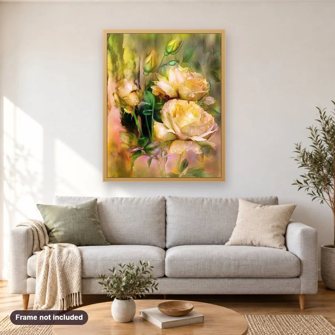 Yellow Roses diamond painting shown framed on a living room wall above a sofa