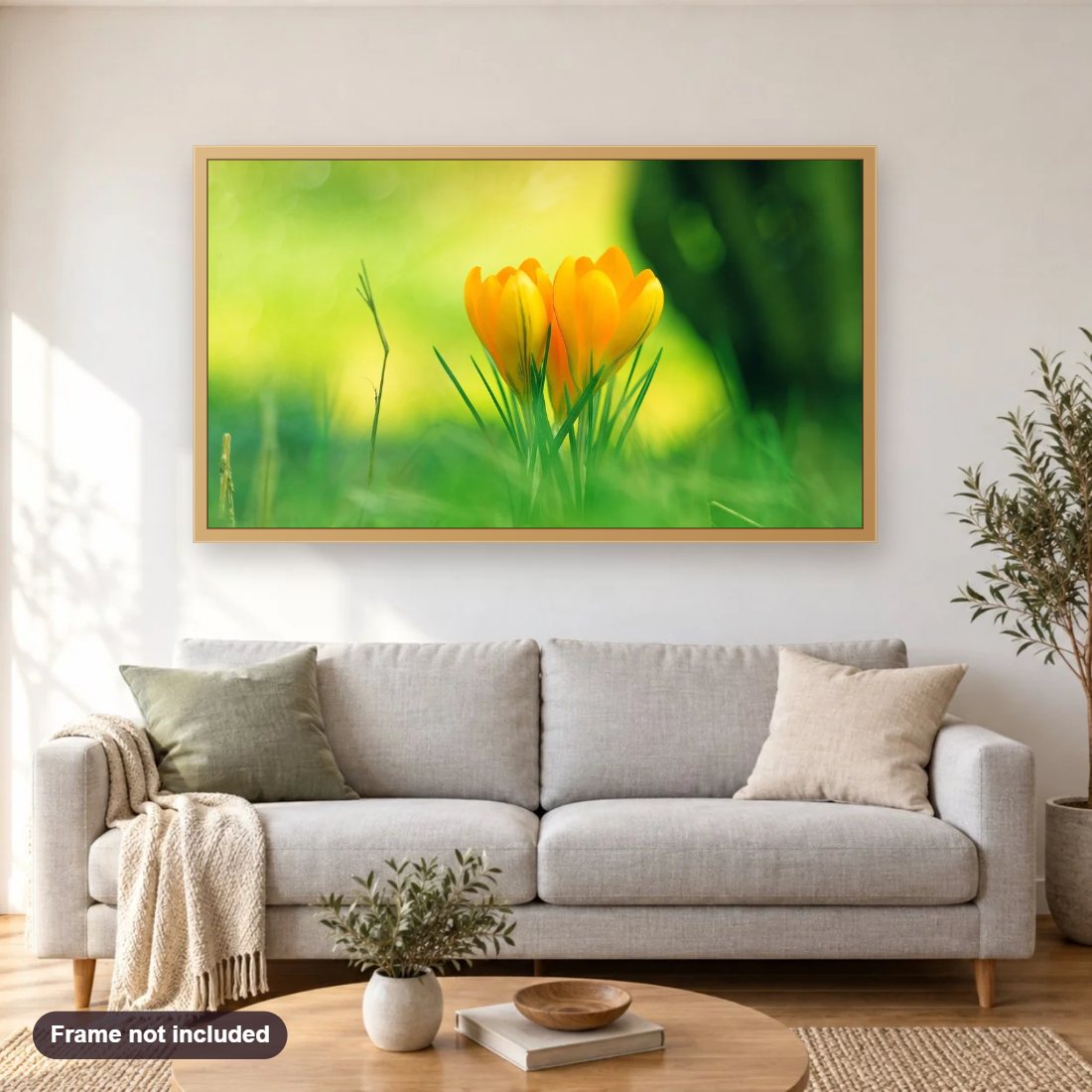Yellow Tulips in the Garden diamond painting shown framed on a living room wall above a sofa