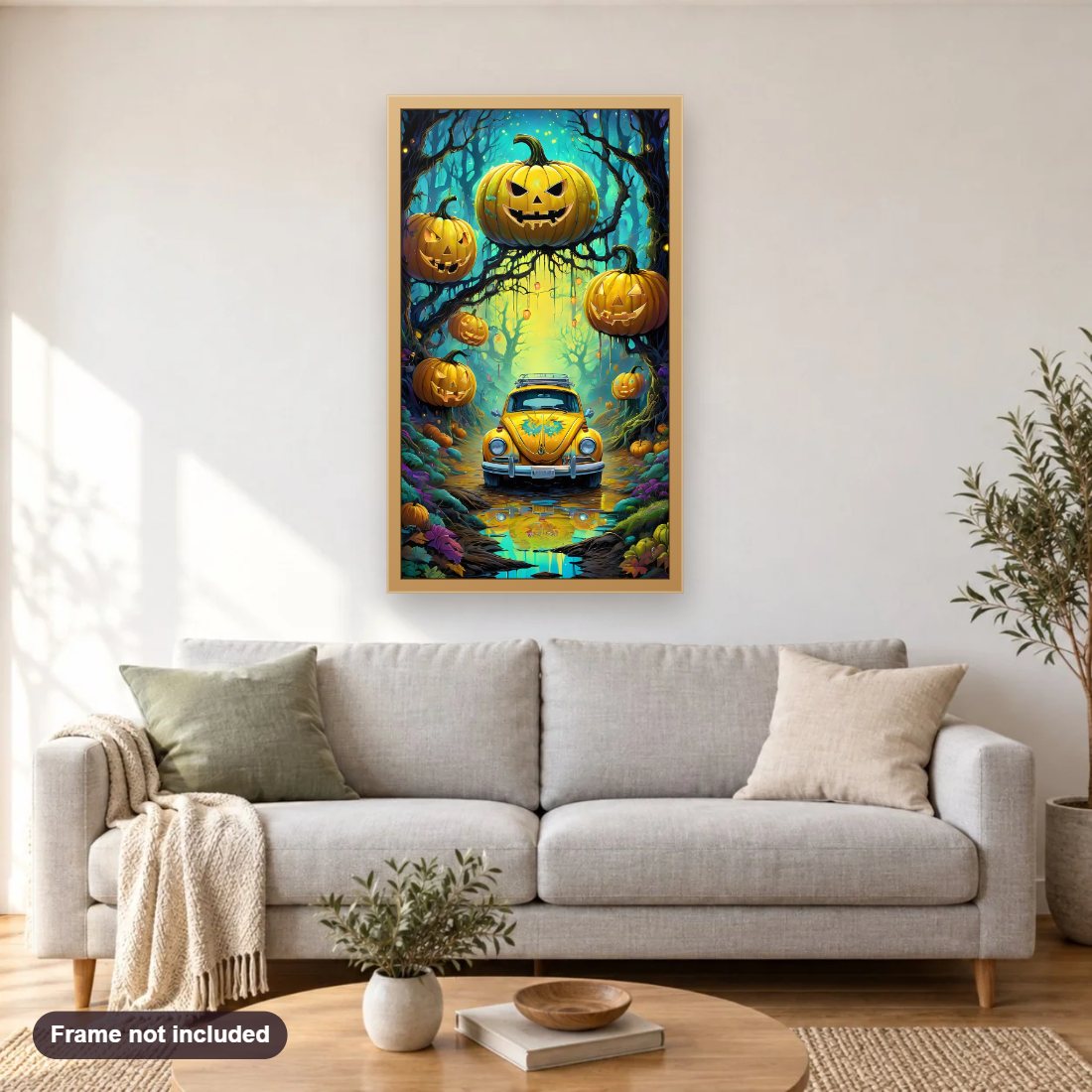 Yellow Volkswagen Halloween diamond painting shown framed on a living room wall above a sofa