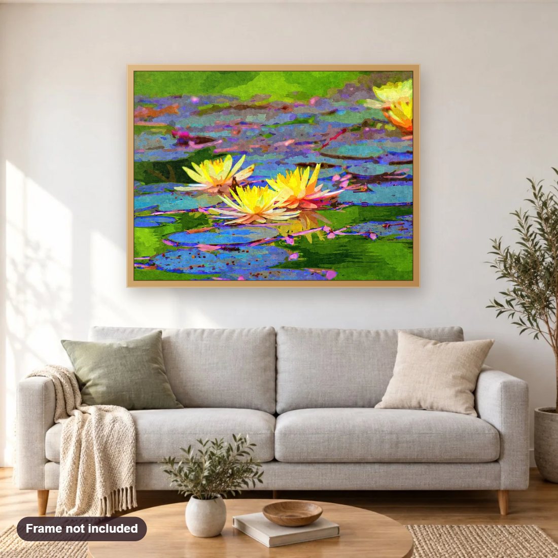 Yellow Water Lilies diamond painting shown framed on a living room wall above a sofa
