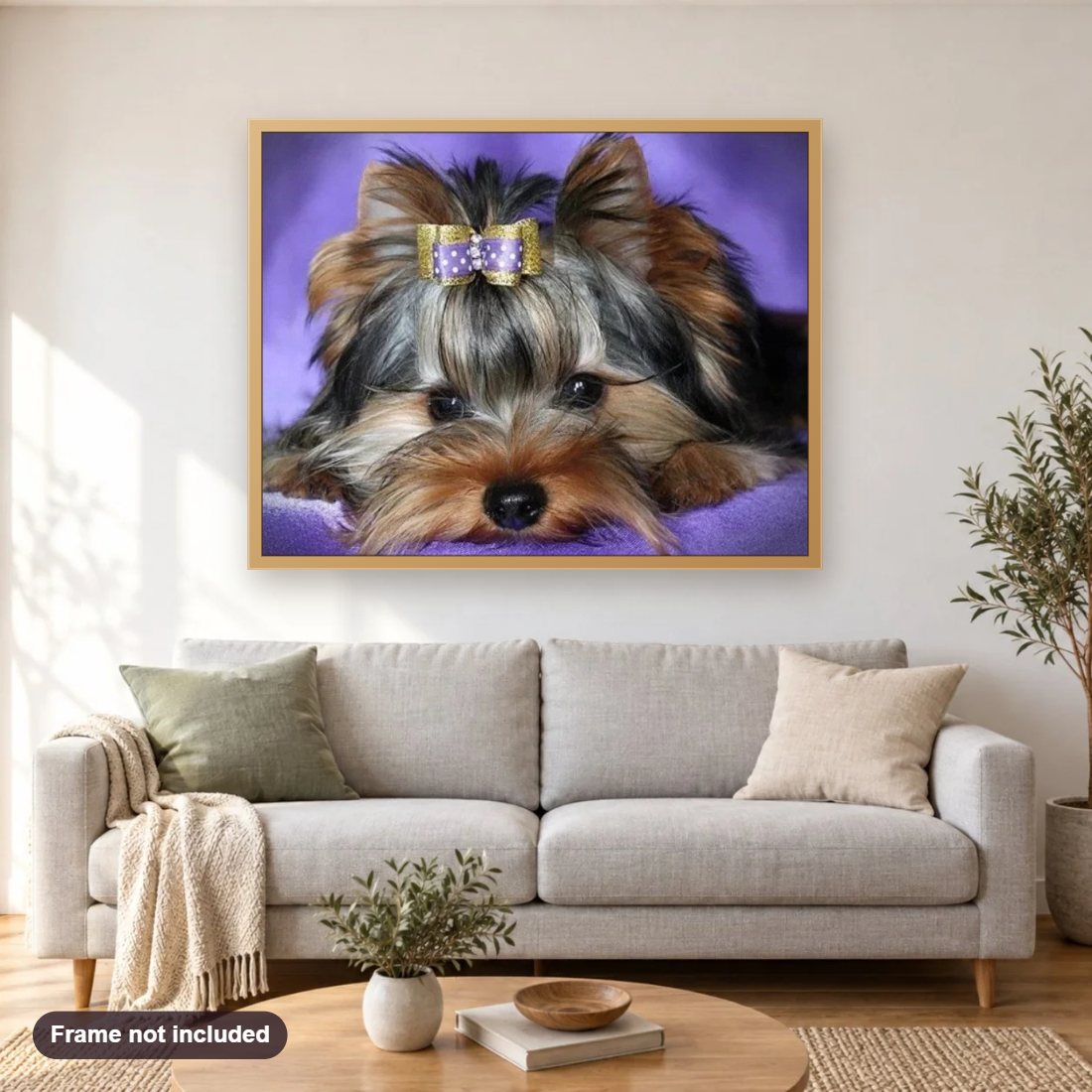 Yorkshire Terrier diamond painting shown framed on a living room wall above a sofa