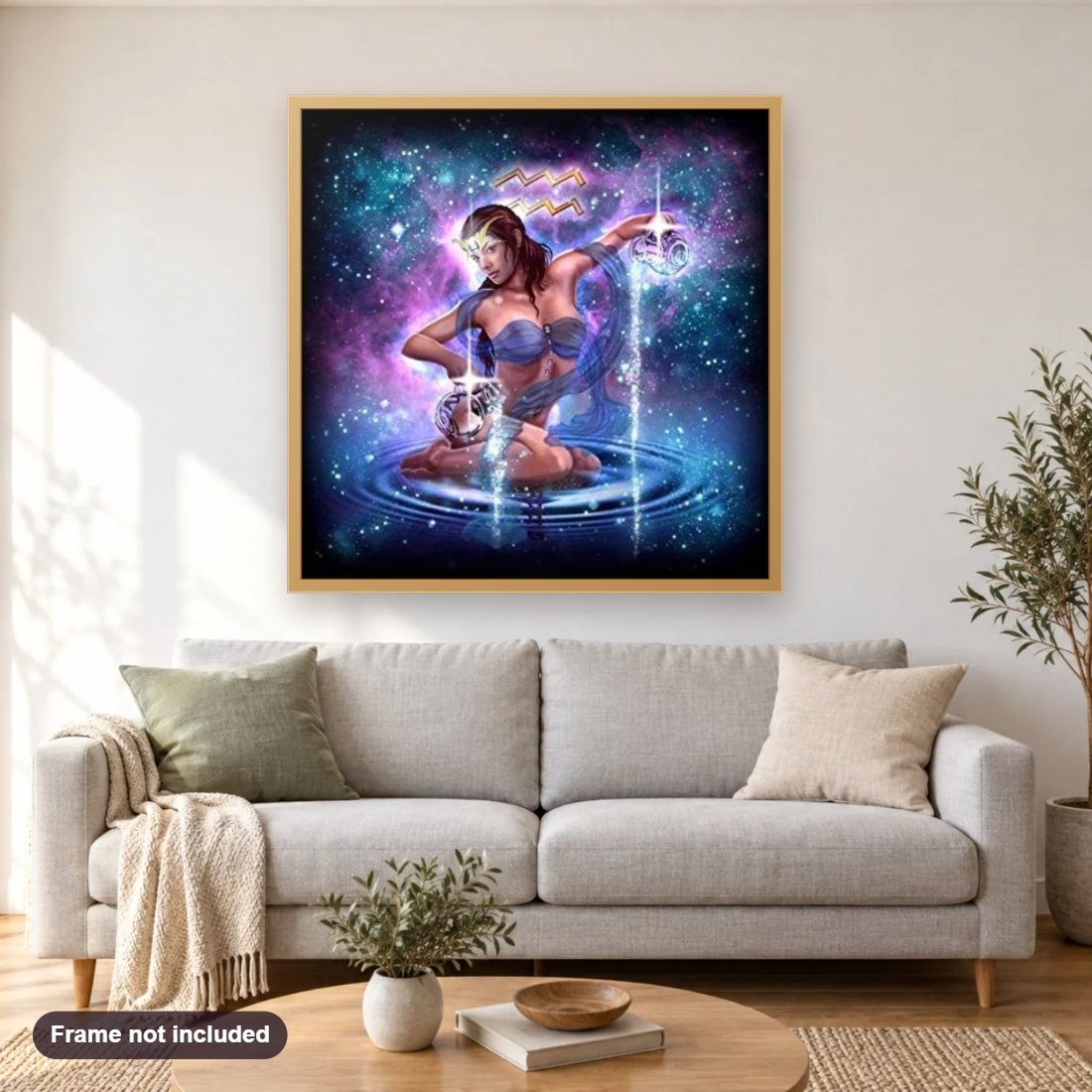 Zodiac Aquarius diamond painting shown framed on a living room wall above a sofa