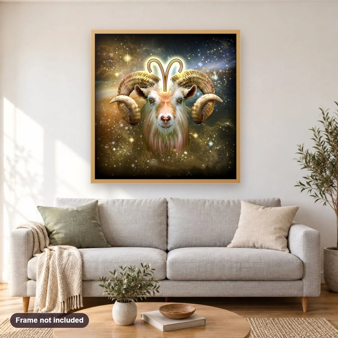 Zodiac Aries diamond painting shown framed on a living room wall above a sofa