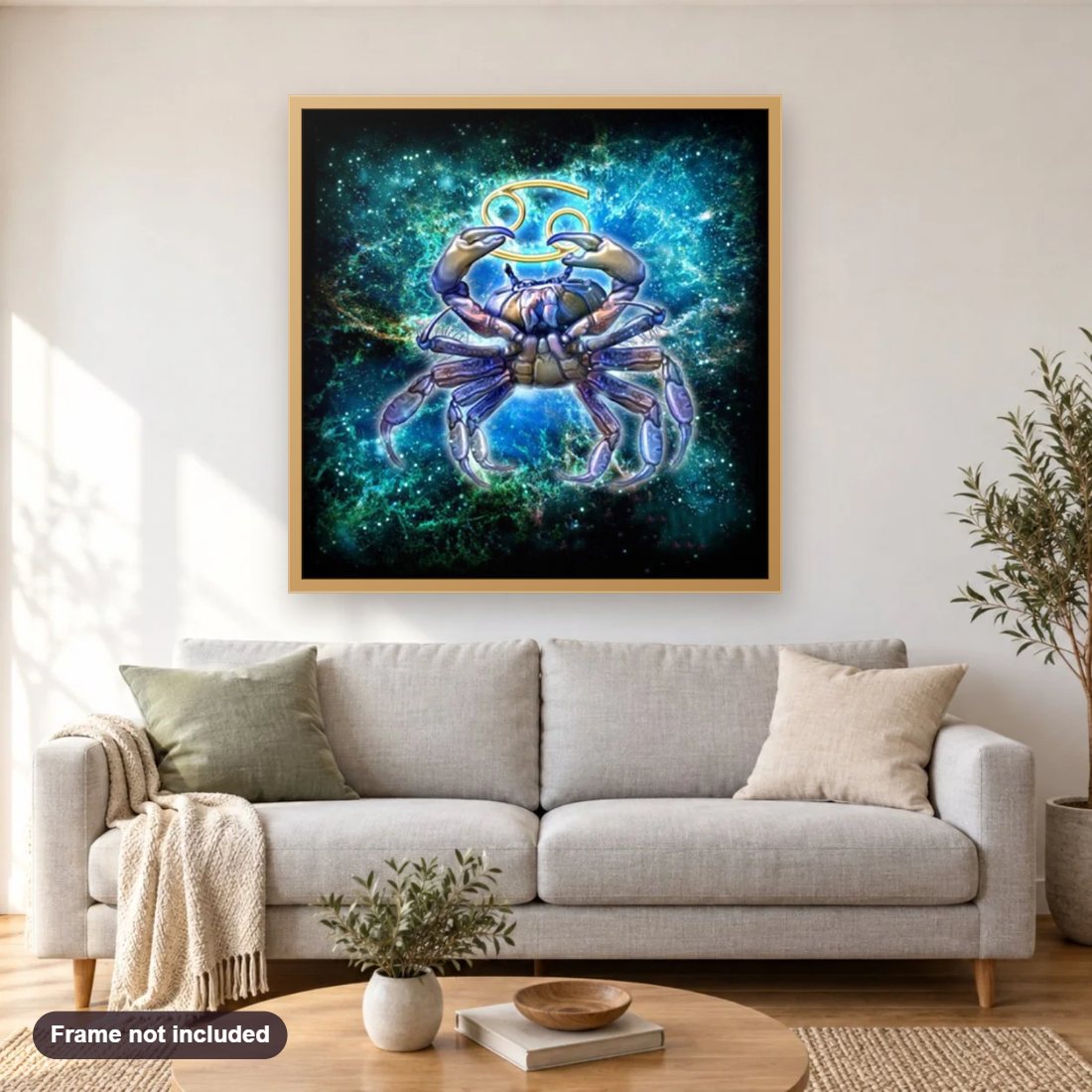 Zodiac Cancer diamond painting shown framed on a living room wall above a sofa
