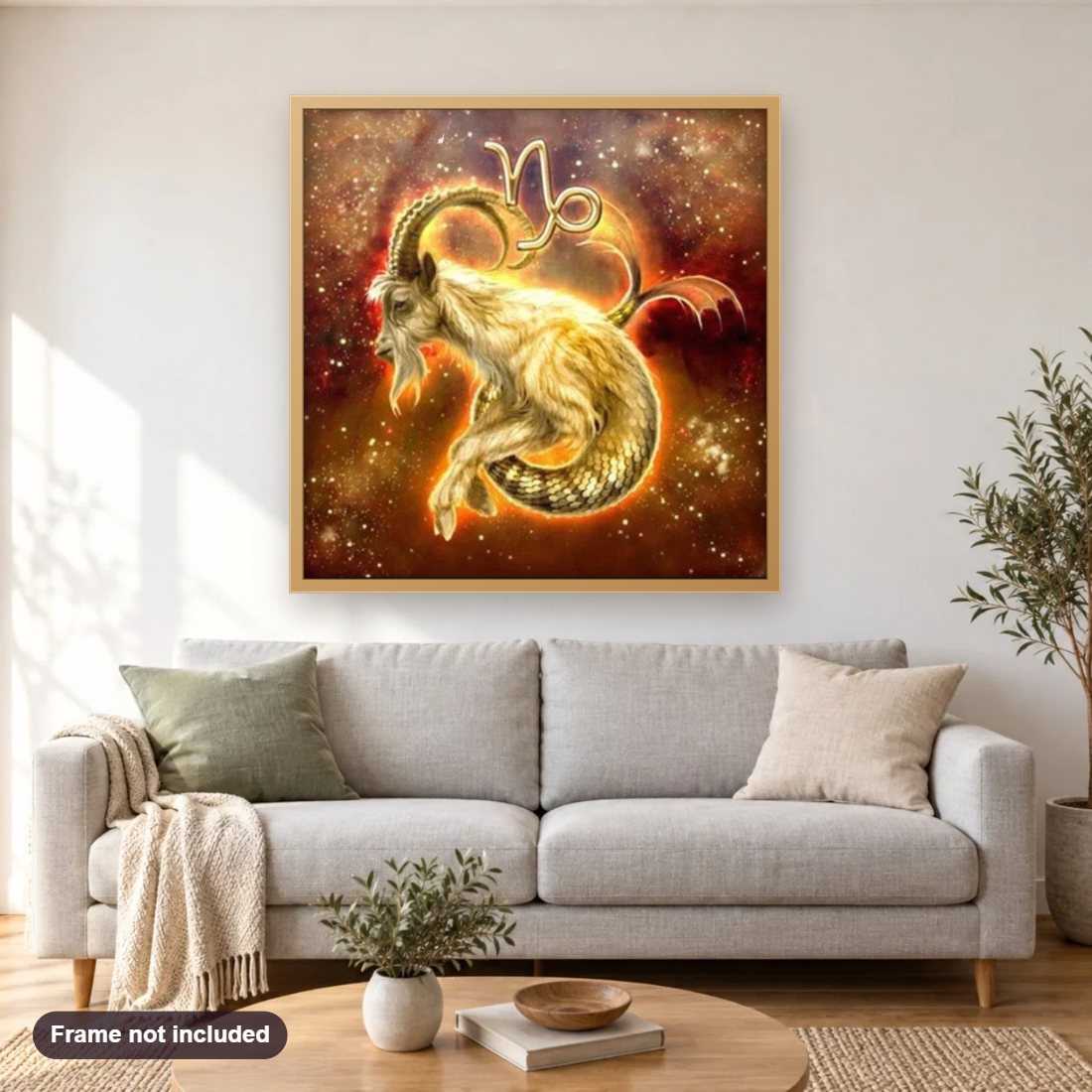 Zodiac Capricorn diamond painting shown framed on a living room wall above a sofa