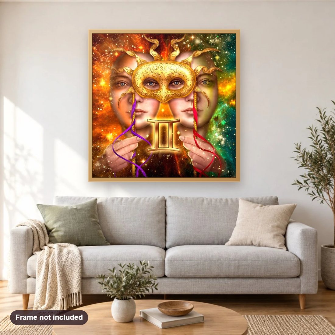 Zodiac Gemini diamond painting shown framed on a living room wall above a sofa