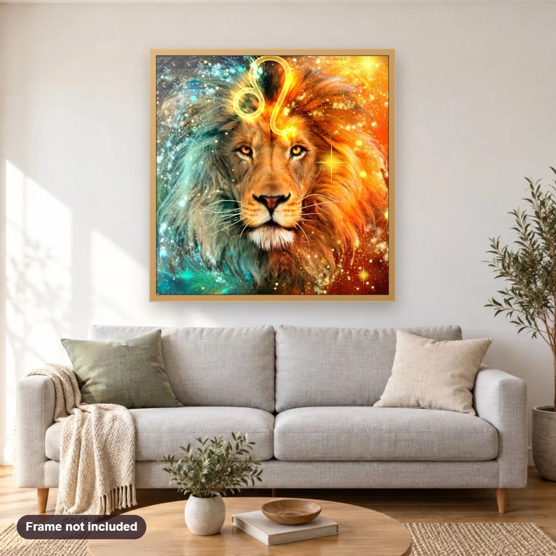 Zodiac Leo diamond painting shown framed on a living room wall above a sofa