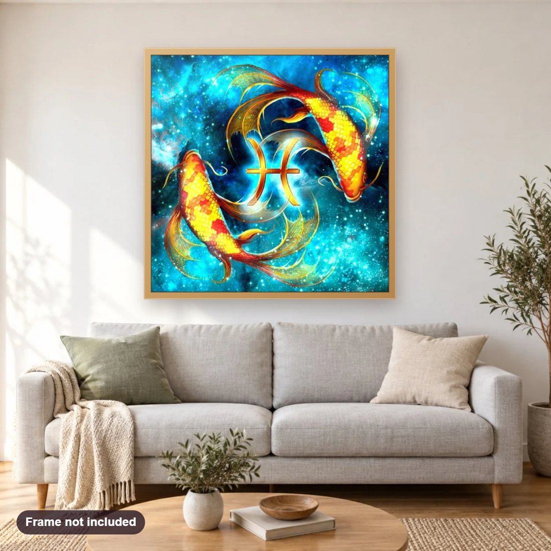 Zodiac Pisces diamond painting shown framed on a living room wall above a sofa