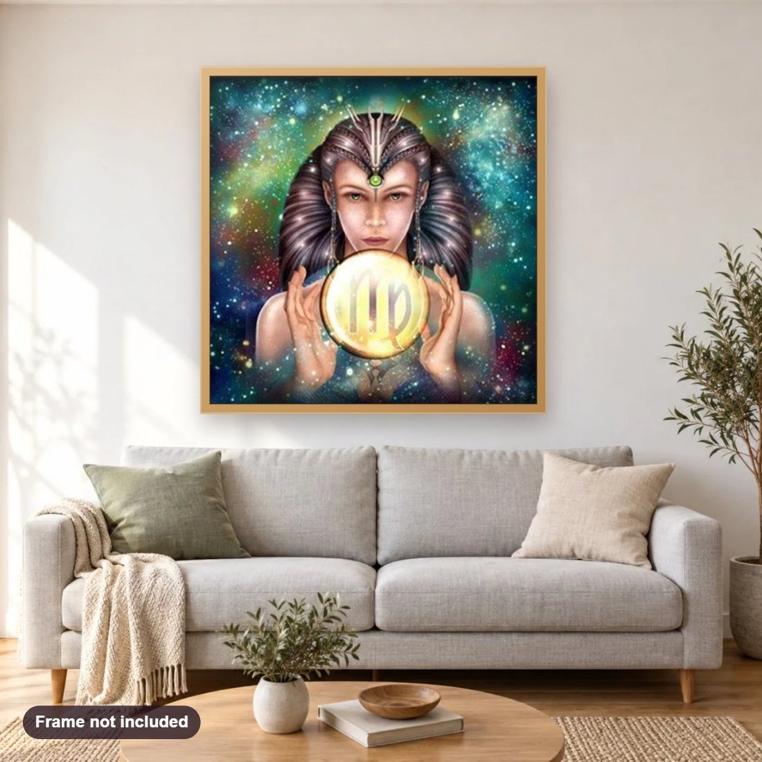 Zodiac Virgo diamond painting shown framed on a living room wall above a sofa