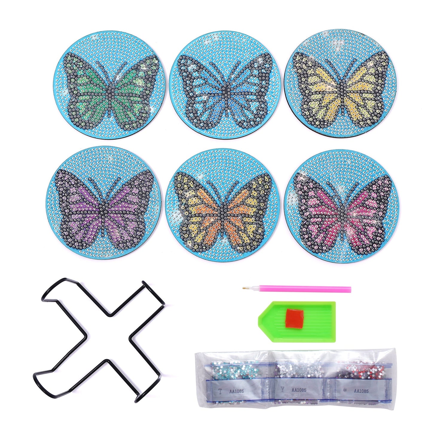 Set of Butterfly Diamond Painting Coasters & Stand