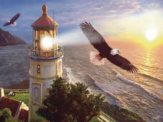 Beach Light House & Flying Eagles Diamond Painting
