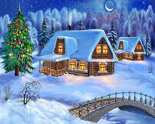 Snow Cottages & Christmas Tree Diamond Painting