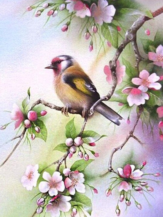Bird Sitting on Pink Floral Branch Diamond Painting