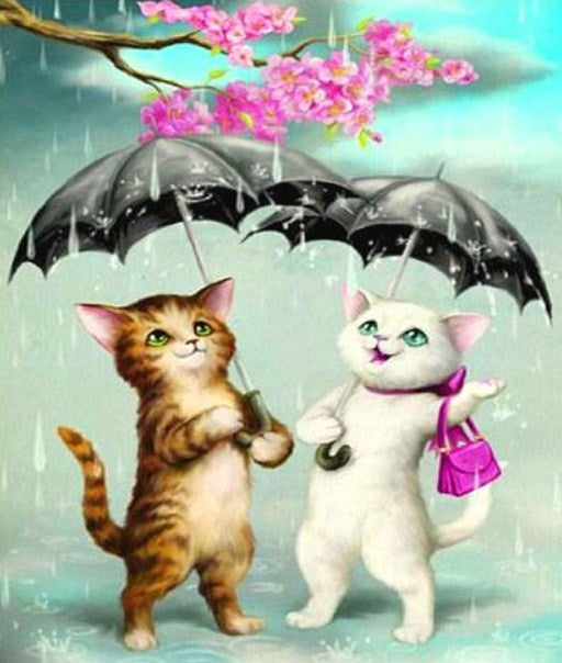 Cartoon Cats in the Rain Diamond Painting Kit