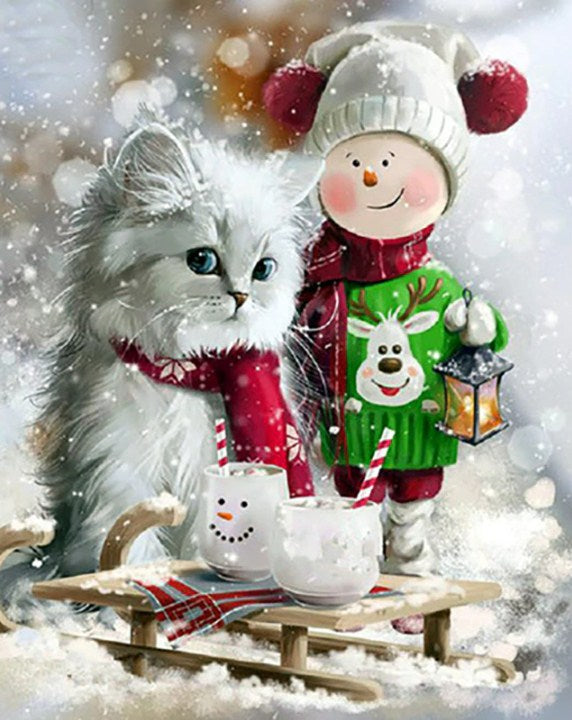 Christmas Kid & Adorable Cat Diamond Painting