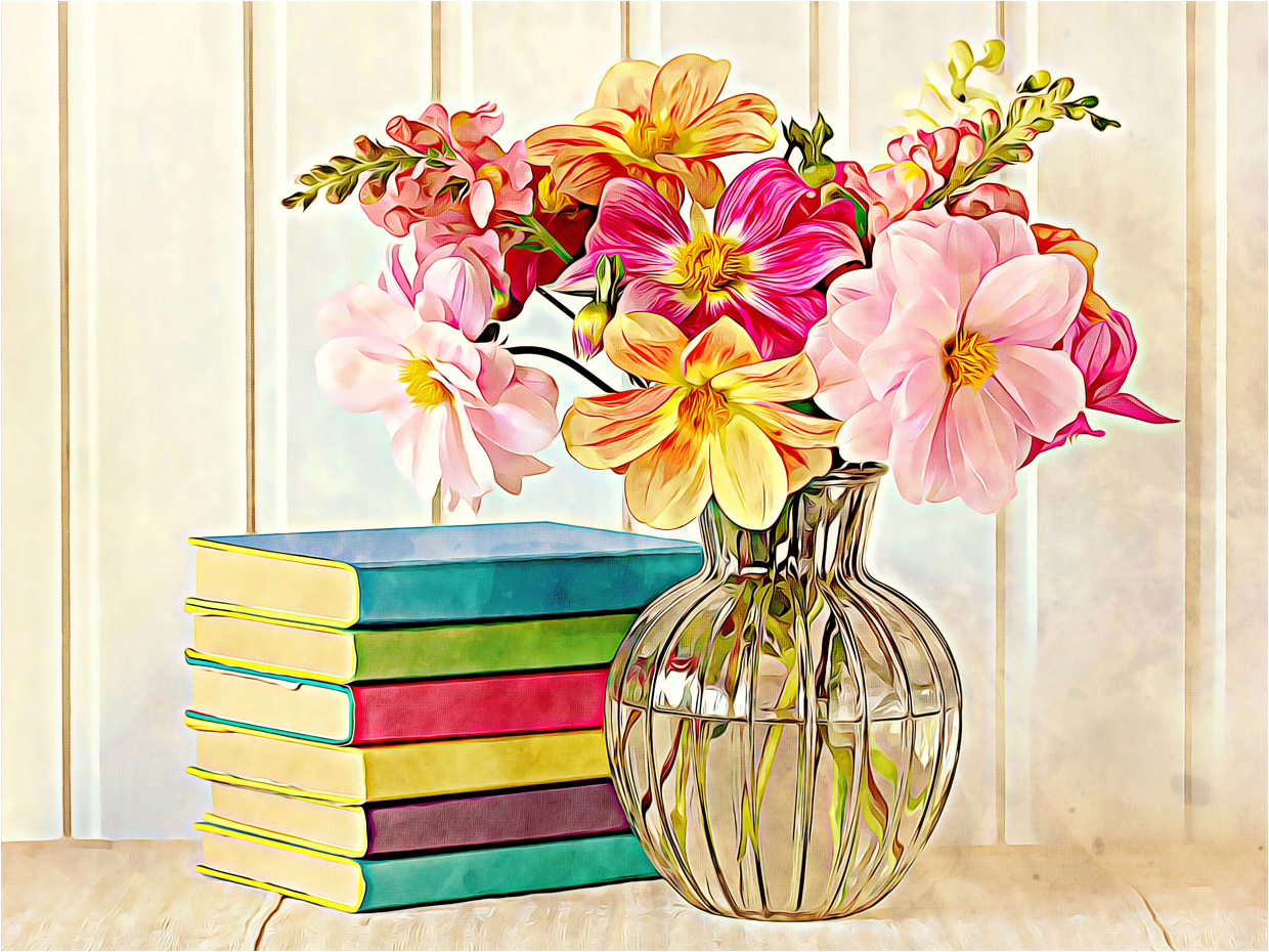Dahlias And Colorful Books - Art by Denise Dundon