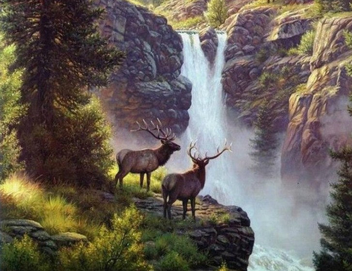 Elks at Waterfall Diamond Painting Kit