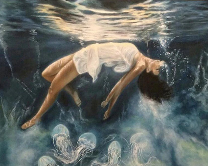 Girl Floating in Water Paint by Diamonds
