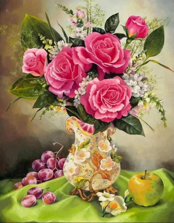 Grapes, Apple & Pink Rose Vase Diamond Painting