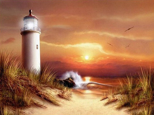 lighthouse beach sunset AH1352 5D Diamond Painting