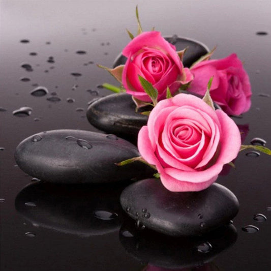 Pink Roses on Black Rocks Diamond Painting