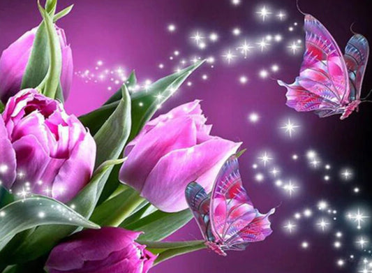Purple Tulips & Butterflies Diamond Painting