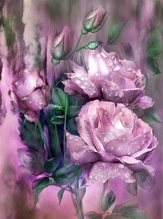 Rain Drops on Purple Roses Diamond Painting