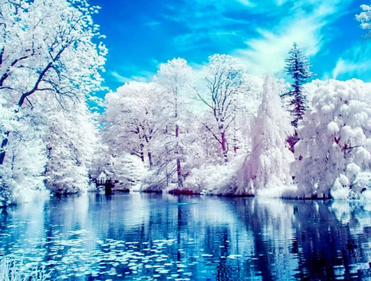 White Trees by the Lake Paint with Diamonds