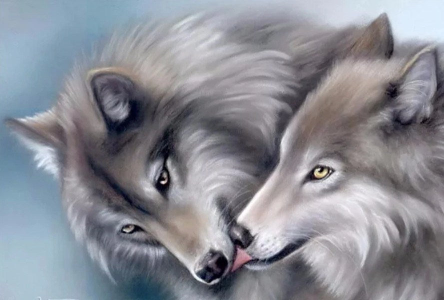 Wolves Pair in Love Paint with Diamonds