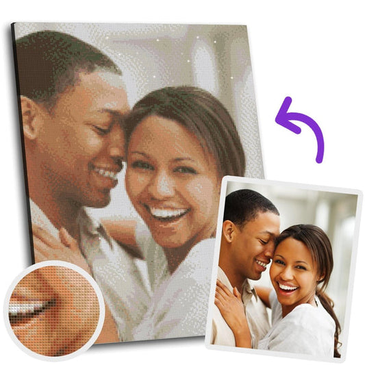 Before and after: couple photo converted into a custom diamond painting from photo