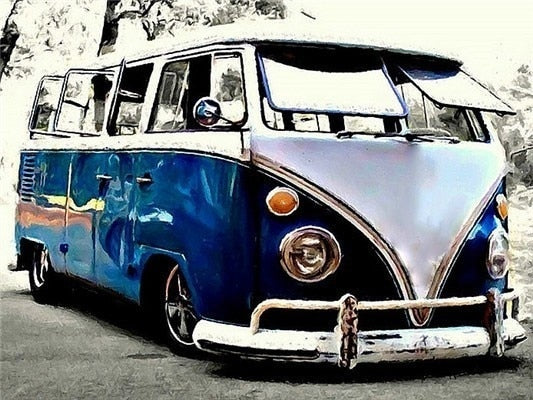 Blue vintage Volkswagen Type 2 mini bus - Paint by diamonds 