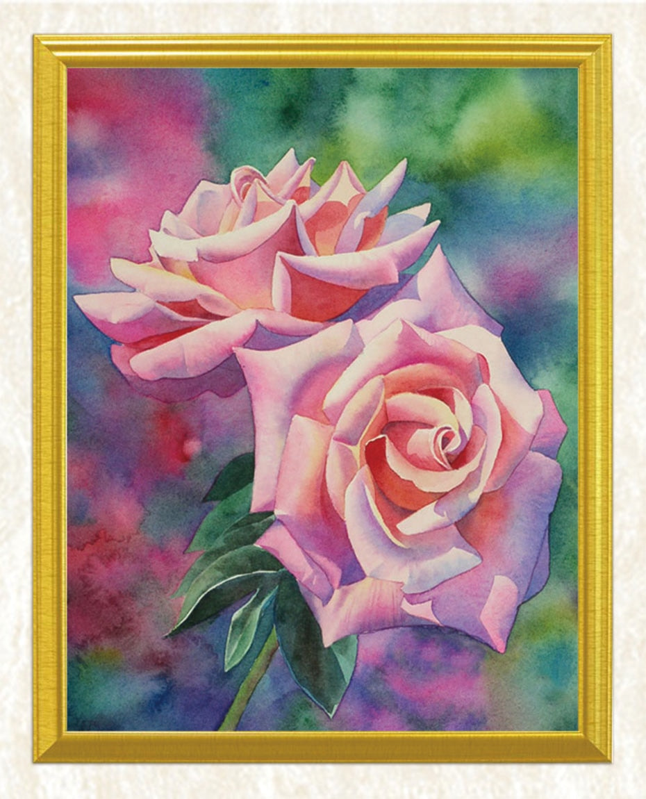 Pink Roses & Green Leaves DIY Painting